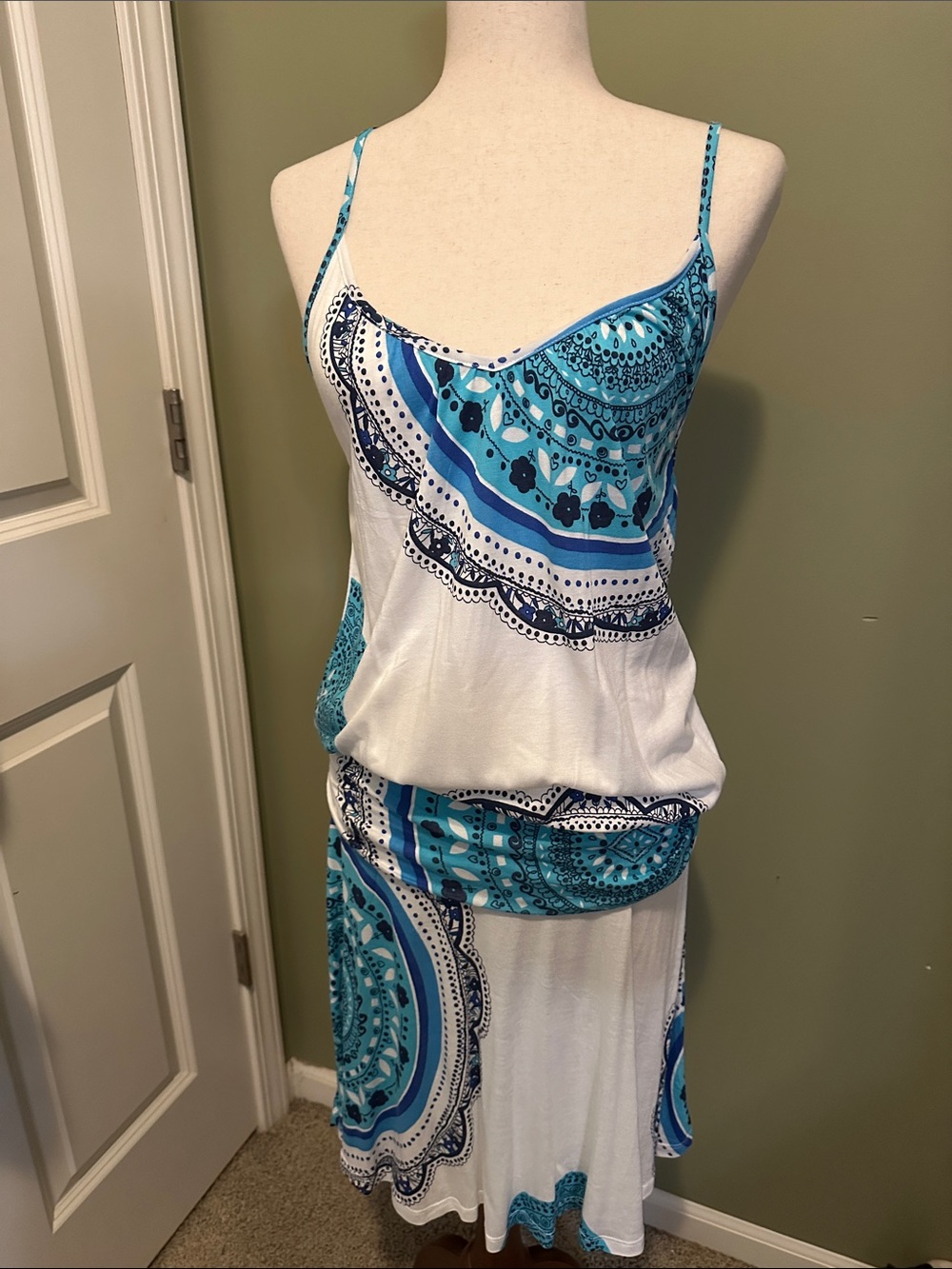 Women's White and Teal Printed Sundress